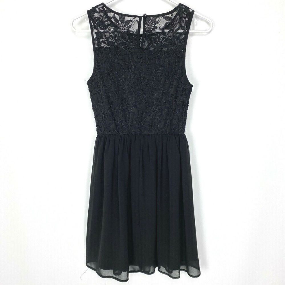 Lily Rose girls/youth/Junior Lace Chiffon Mini Dress Black Sleeveless Lined-XS